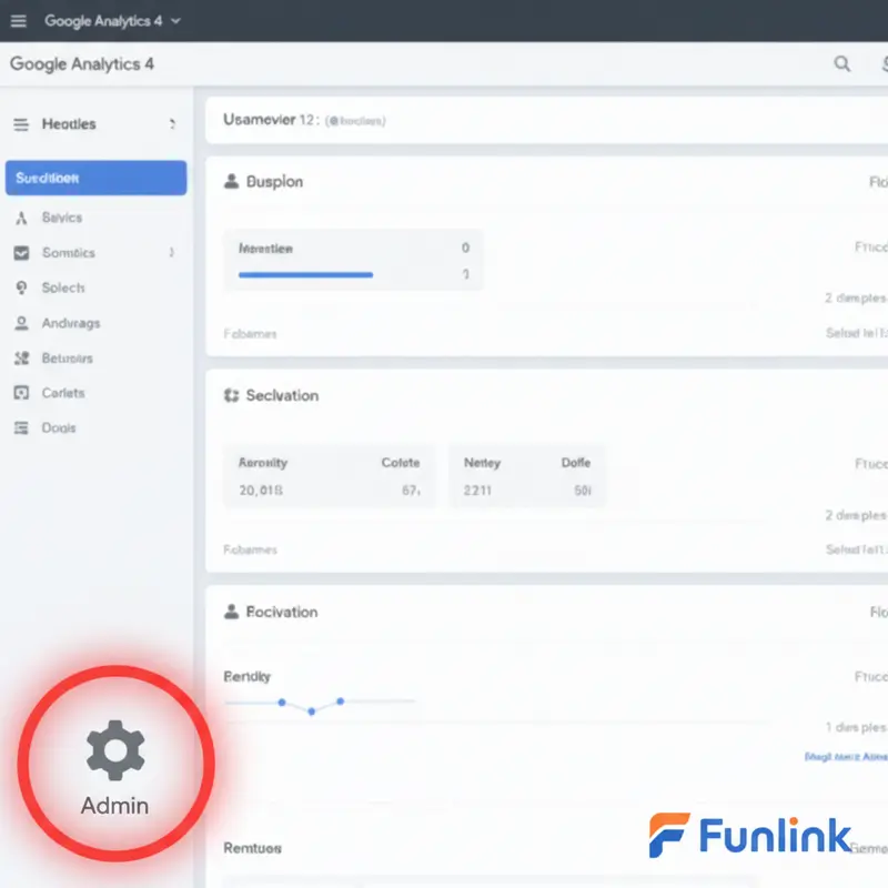 Giao diện Google Analytics 4 với icon Admin được khoanh đỏ để bắt đầu thay đổi mô hình phân bổ GA4.