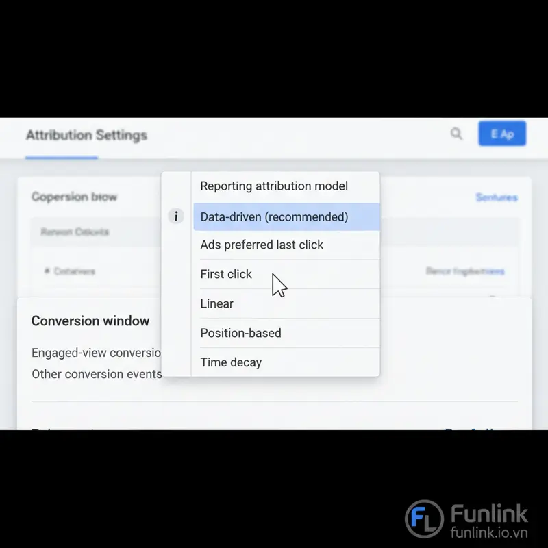 Menu dropdown hiển thị các tùy chọn khi thay đổi mô hình phân bổ GA4, như Data-driven, Last click.