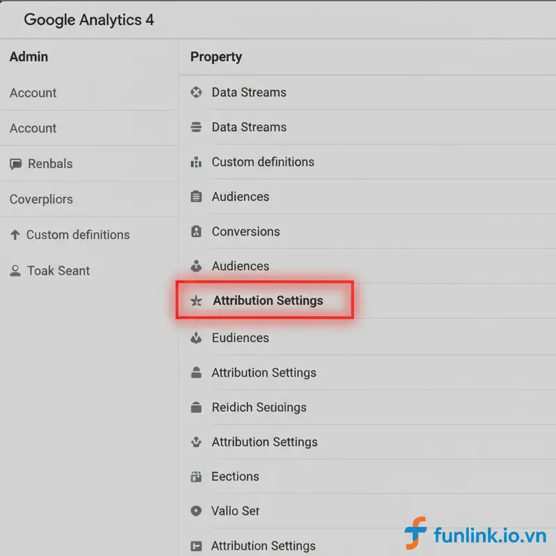 Cột Property trong GA4 làm nổi bật mục Attribution Settings, bước quan trọng để thay đổi mô hình phân bổ.