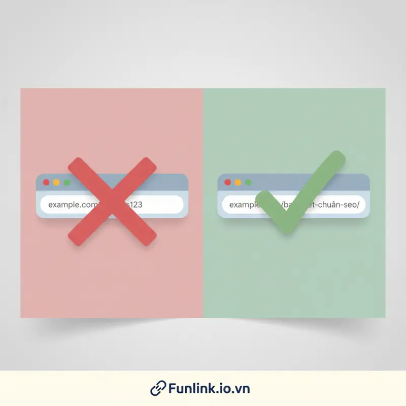 So sánh permalink mặc định của WordPress (?p=123) và permalink đã được thay đổi (/bai-viet-chuan-seo/) cho SEO.