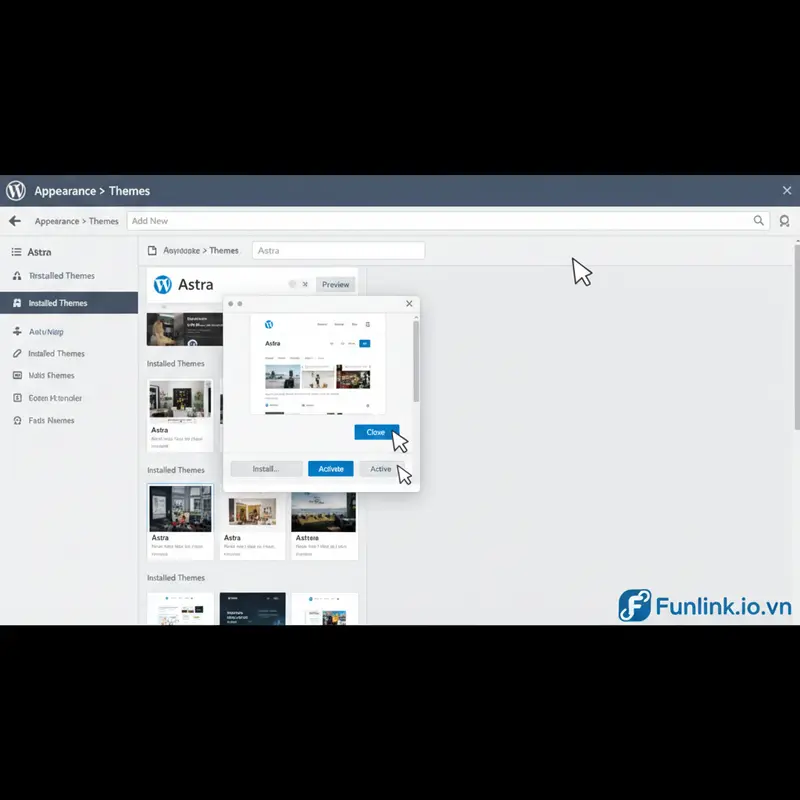 Minh họa các bước tìm kiếm, xem trước và cài đặt theme WordPress từ thư viện.