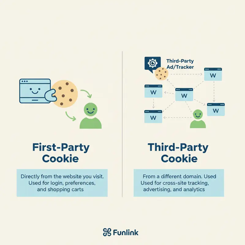Infographic so sánh First-Party và Third-Party Cookie trong thế giới không cookie.