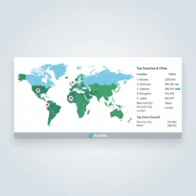 Báo cáo theo dõi lượt click của shortlink theo vị trí địa lý, hiển thị bản đồ thế giới và top quốc gia.