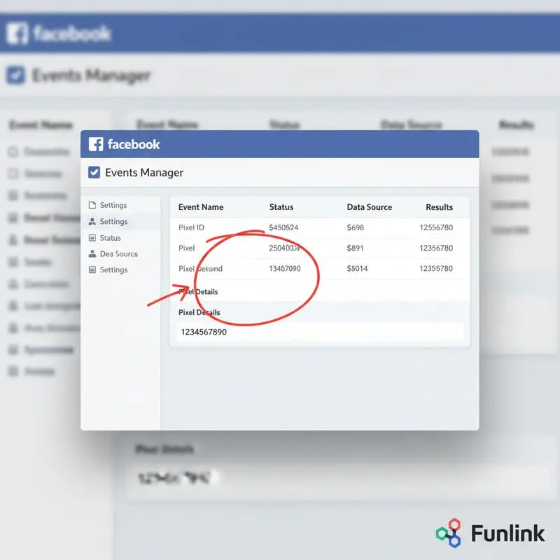 Vị trí Facebook Pixel ID trong giao diện Trình quản lý sự kiện để dùng cho link rút gọn và theo dõi social media.