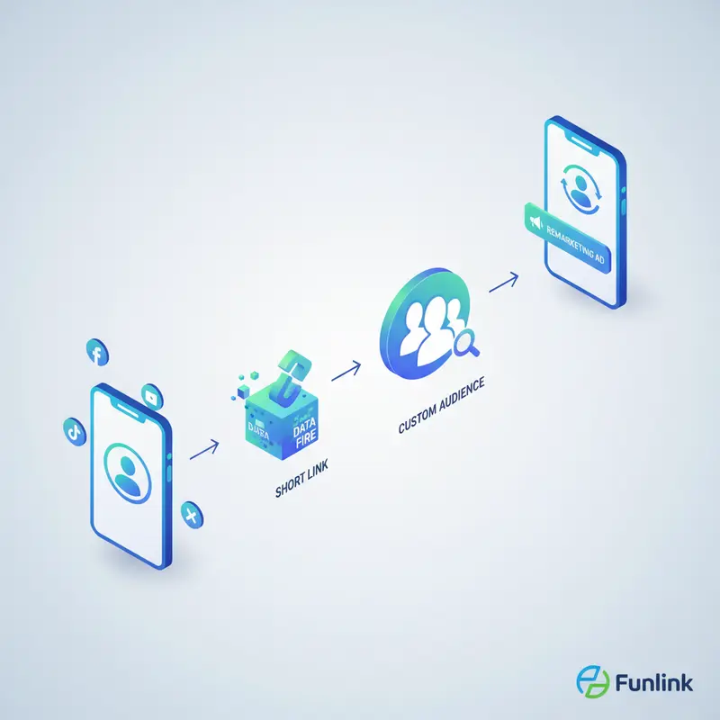 Sơ đồ mô tả cách theo dõi social media bằng link rút gọn và pixel để tạo tệp quảng cáo remarketing.