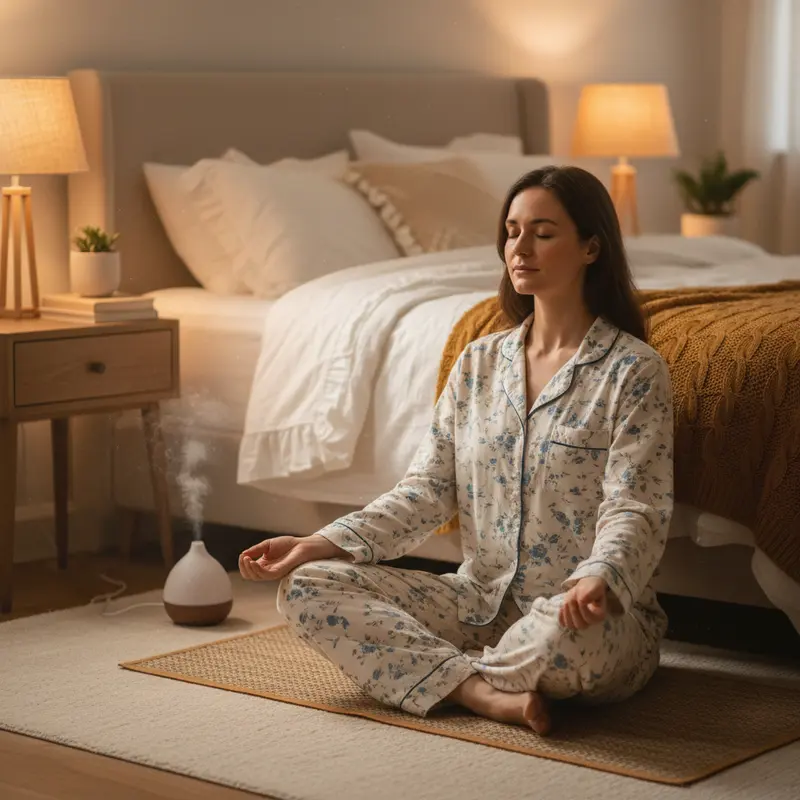 Một người phụ nữ đang ngồi thiền trong tư thế thoải mái bên cạnh giường ngủ để thư giãn tâm trí.