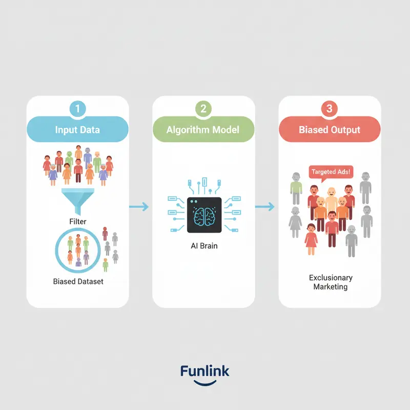 Infographic về thiên kiến trong AI marketing, mô tả luồng từ dữ liệu sai lệch đến kết quả marketing phân biệt đối xử.