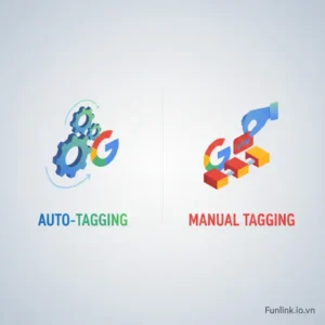 Thiết lập UTM cho Google Ads giữa Auto-tagging và Manual tagging được minh họa bằng biểu tượng.