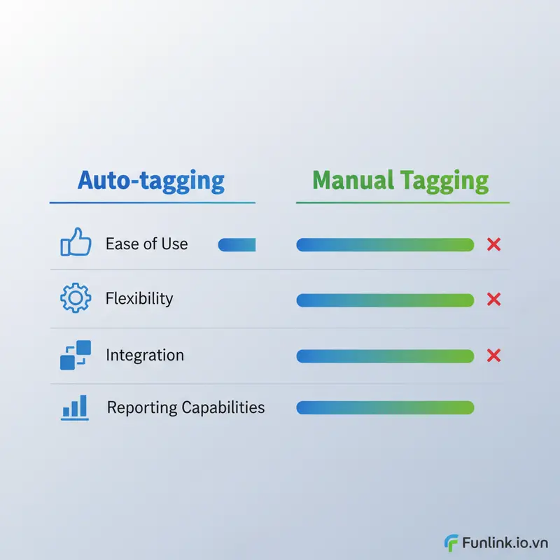 Bảng so sánh chi tiết giữa Auto-tagging và Manual tagging khi thiết lập UTM cho Google Ads.