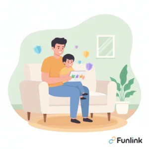 Hướng dẫn thiết lập YouTube Kids an toàn cho trẻ với hình ảnh minh họa cha mẹ và con cùng xem video.