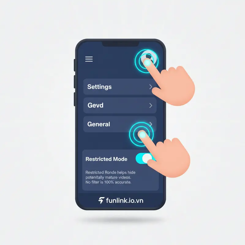 Minh họa cách bật Chế độ Hạn chế trên YouTube điện thoại, một phần của việc thiết lập YouTube Kids an toàn.