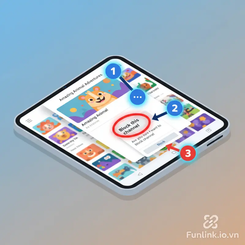 Hướng dẫn các bước chặn một kênh không phù hợp sau khi đã thiết lập YouTube Kids cho bé.