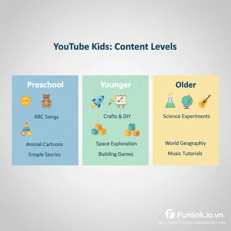 Infographic so sánh 3 cấp độ nội dung khi thiết lập YouTube Kids cho lứa tuổi mầm non, tiểu học và lớn hơn.