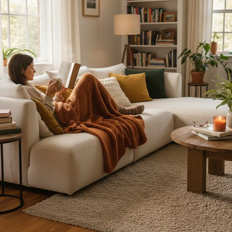 Thư giãn với một cuốn sách và một tách trà trên ghế sofa