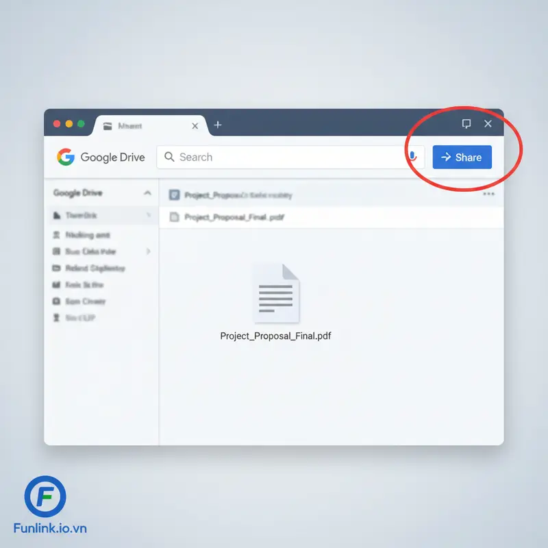 Hướng dẫn thu hồi link chia sẻ Google Drive bắt đầu bằng cách nhấn vào nút Chia sẻ màu xanh.