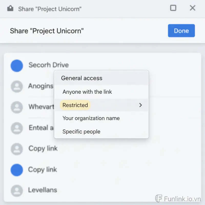 Thay đổi quyền truy cập chung thành Bị hạn chế để hoàn tất việc thu hồi link chia sẻ Google Drive.