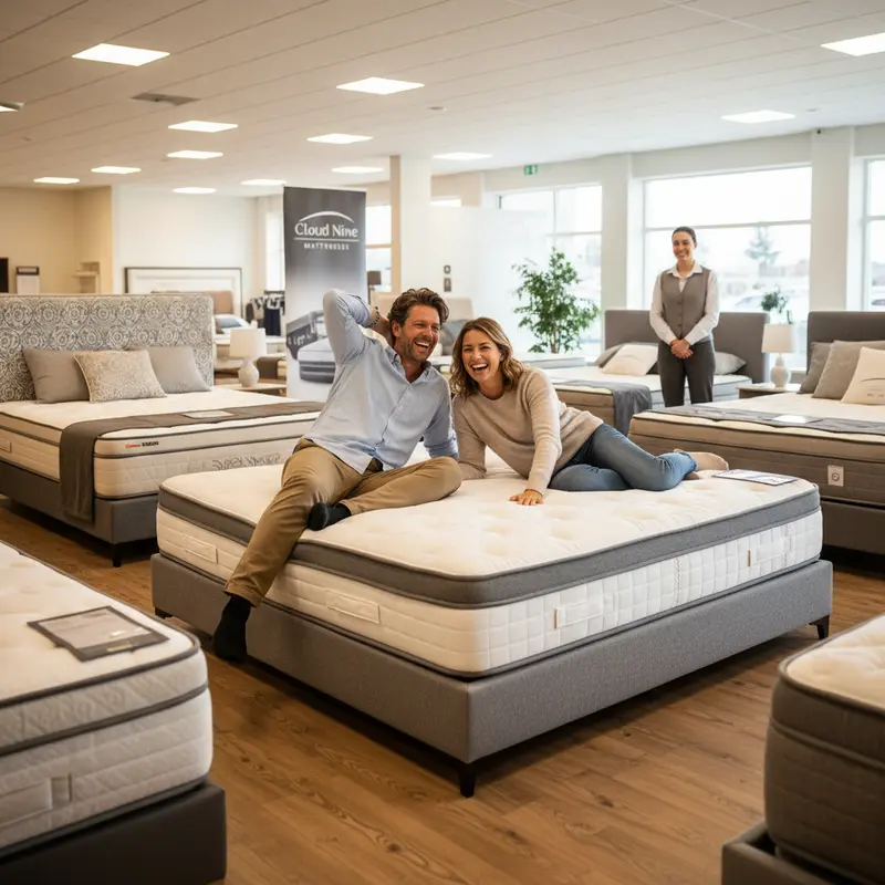 Một cặp đôi đang nằm thử nệm tại một cửa hàng bán lẻ