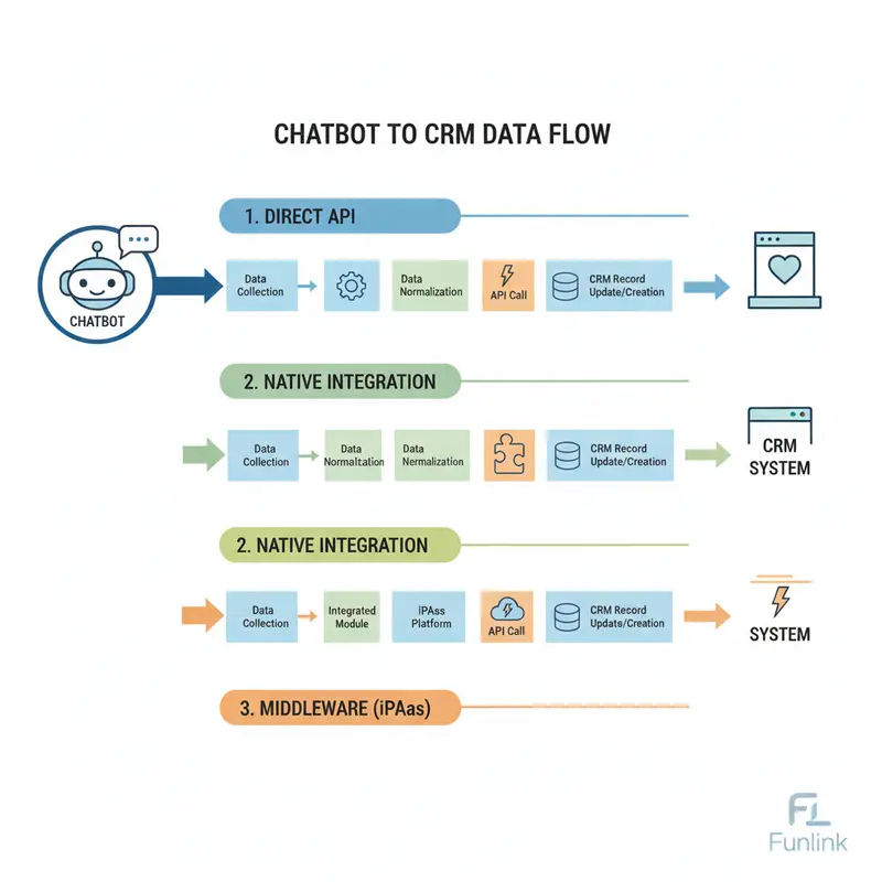 Sơ đồ luồng tích hợp chatbot vào crm với 3 phương thức API, Native Integration và Middleware.