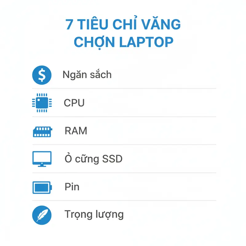 Infographic tổng hợp 7 tiêu chí quan trọng khi chọn laptop cho sinh viên