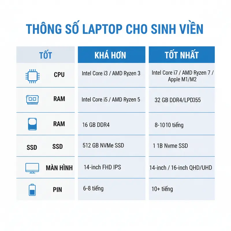 Infographic so sánh các tiêu chí quan trọng khi chọn laptop cho sinh viên