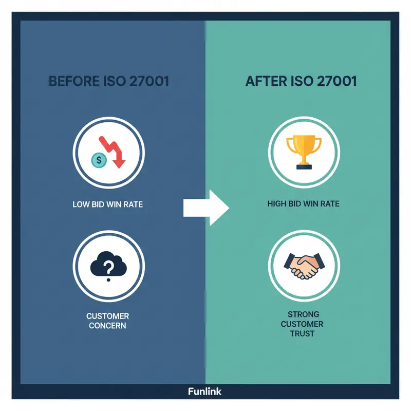 Infographic so sánh lợi ích của Tiêu chuẩn ISO 27001: tăng tỷ lệ thắng thầu và niềm tin khách hàng.