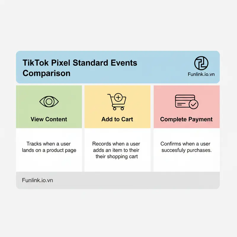 Bảng so sánh các sự kiện TikTok Pixel quan trọng cho website thương mại điện tử.