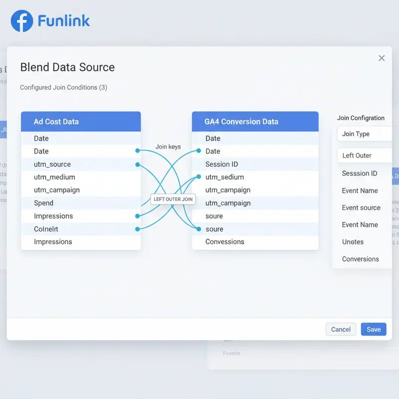 Giao diện Blend Data để tính ROAS trên Looker Studio, làm nổi bật việc kết hợp nguồn Ad Cost và GA4 bằng Join Keys như utm_campaign.