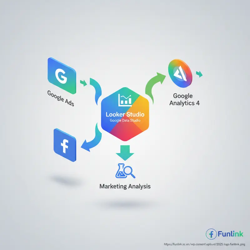 Sơ đồ luồng dữ liệu để tính ROAS trên Looker Studio, từ Google Ads, Facebook Ads và GA4 vào một dashboard duy nhất.