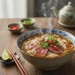 Tô phở bò Hà Nội chuẩn vị với nước dùng trong, thịt bò tái mềm và các loại rau thơm