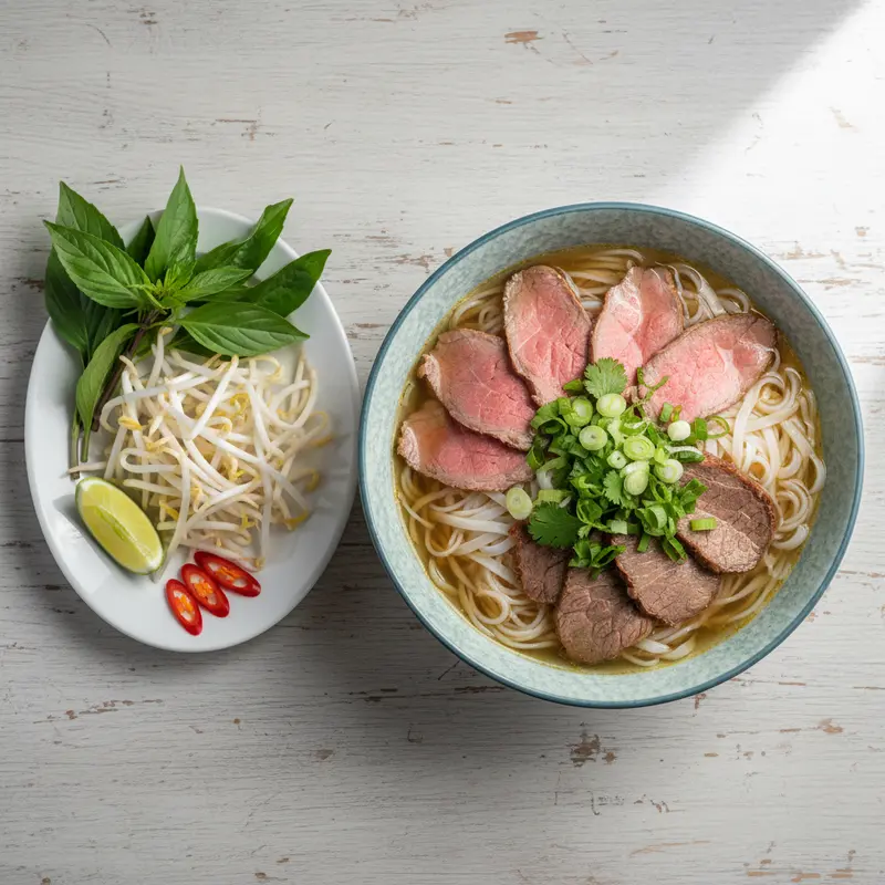 Trình bày một tô phở bò hoàn chỉnh, sẵn sàng để thưởng thức.