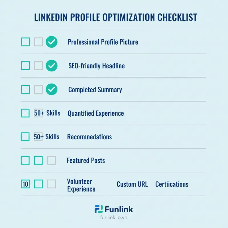 Checklist 10 điểm cần kiểm tra khi tối ưu hồ sơ linkedin để thu hút nhà tuyển dụng.