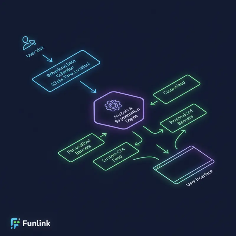 Sơ đồ luồng dữ liệu trong tối ưu hóa nội dung động: từ truy cập, phân tích hành vi đến hiển thị nội dung cá nhân hóa.