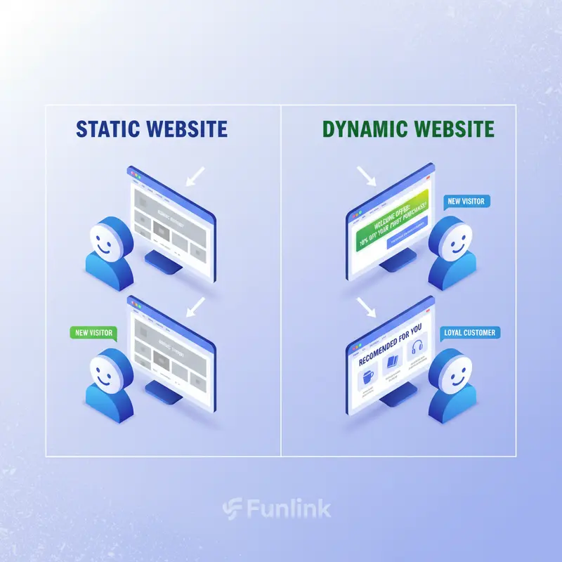 Infographic so sánh tối ưu hóa nội dung động: website tĩnh (giống nhau cho mọi người) và website động (cá nhân hóa cho người dùng mới và cũ).