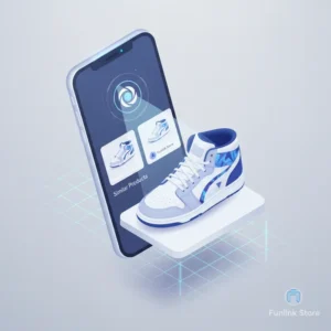 Tối ưu hóa tìm kiếm hình ảnh cho E-commerce - một chiếc smartphone đang quét sản phẩm giày thể thao để tìm kiếm trực quan.