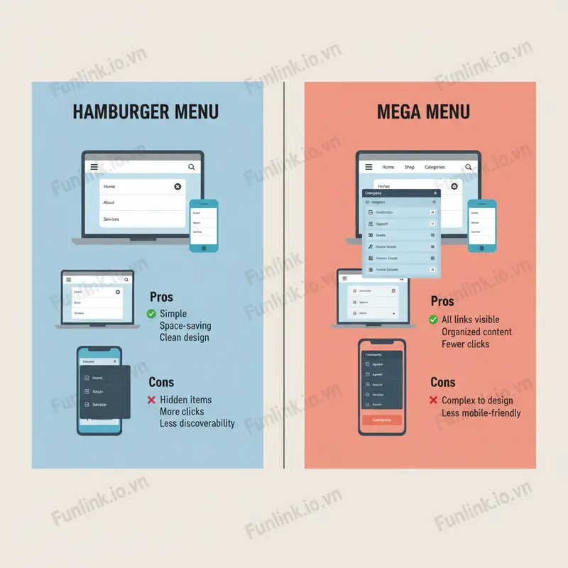 So sánh ưu và nhược điểm khi tối ưu menu điều hướng dạng Hamburger và Mega Menu.