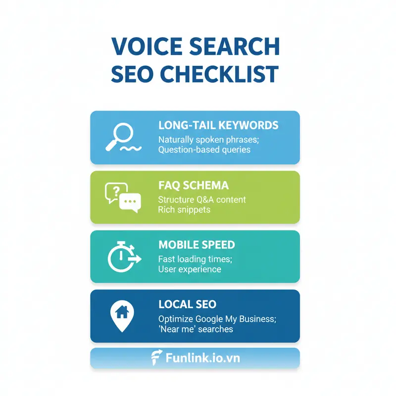 Infographic checklist các bước tối ưu SEO cho tìm kiếm giọng nói hiệu quả.