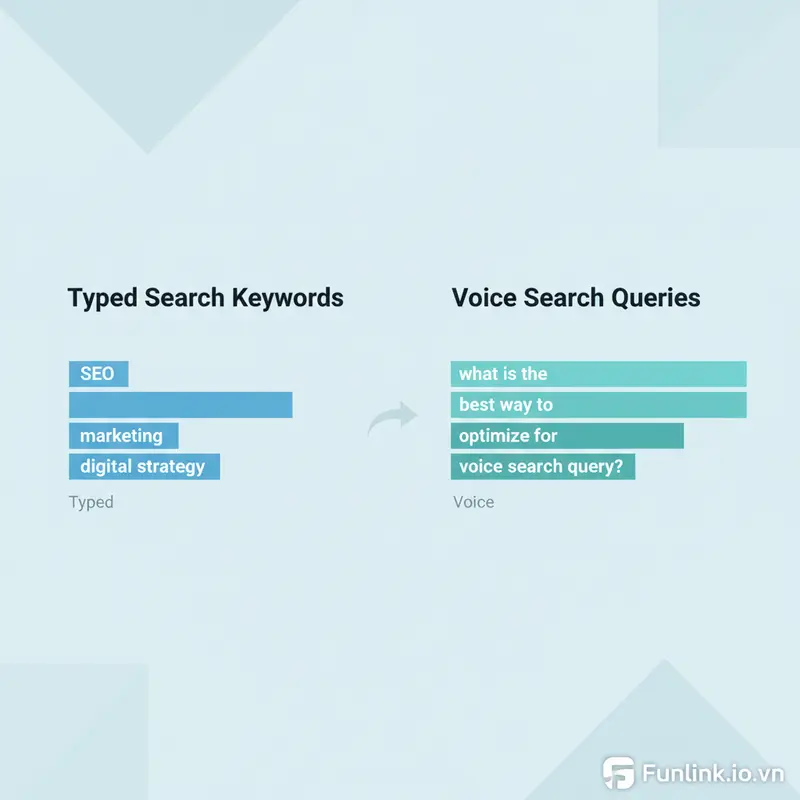 Biểu đồ so sánh từ khóa tối ưu SEO cho tìm kiếm giọng nói (dài) và tìm kiếm gõ (ngắn).