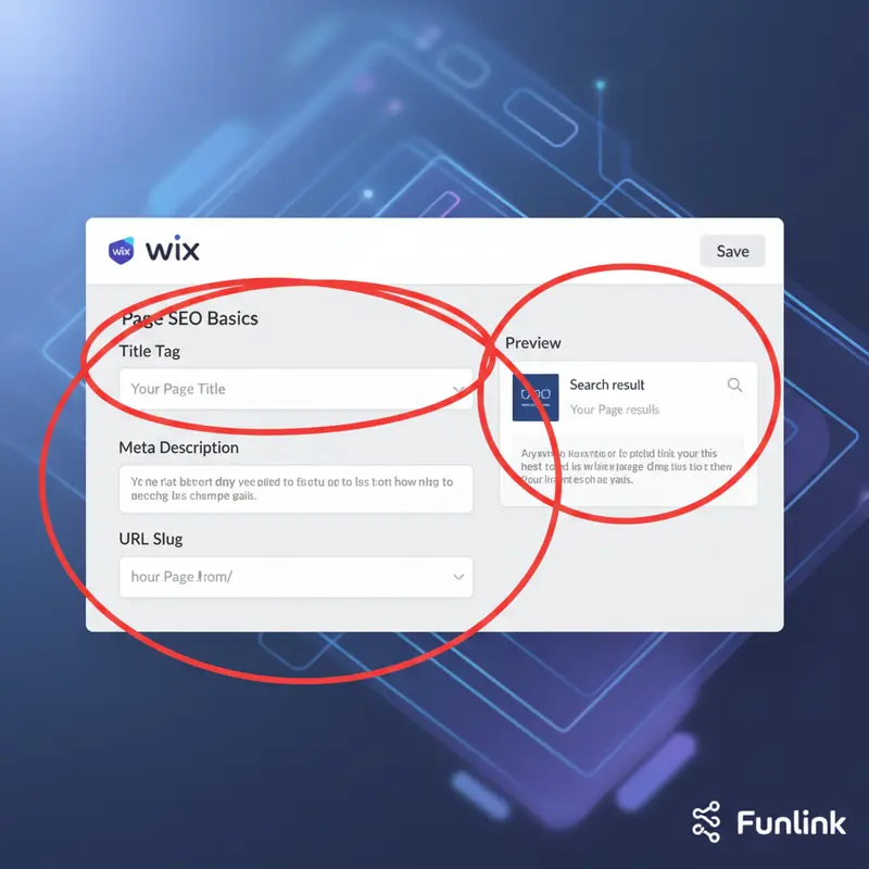 Cửa sổ cài đặt để tối ưu SEO cho website làm bằng Wix, bao gồm Title, Description và URL.