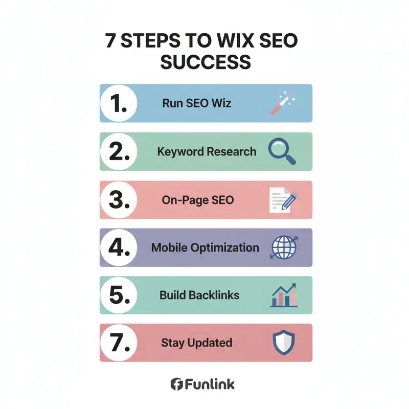Infographic checklist 7 bước cần thiết để tối ưu SEO cho website làm bằng Wix hiệu quả.