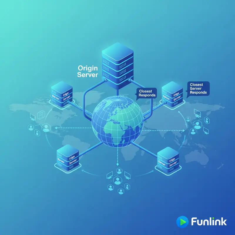 Sơ đồ giải thích cách CDN giúp tối ưu tốc độ tải trang landing page bằng cách phân phối nội dung toàn cầu.