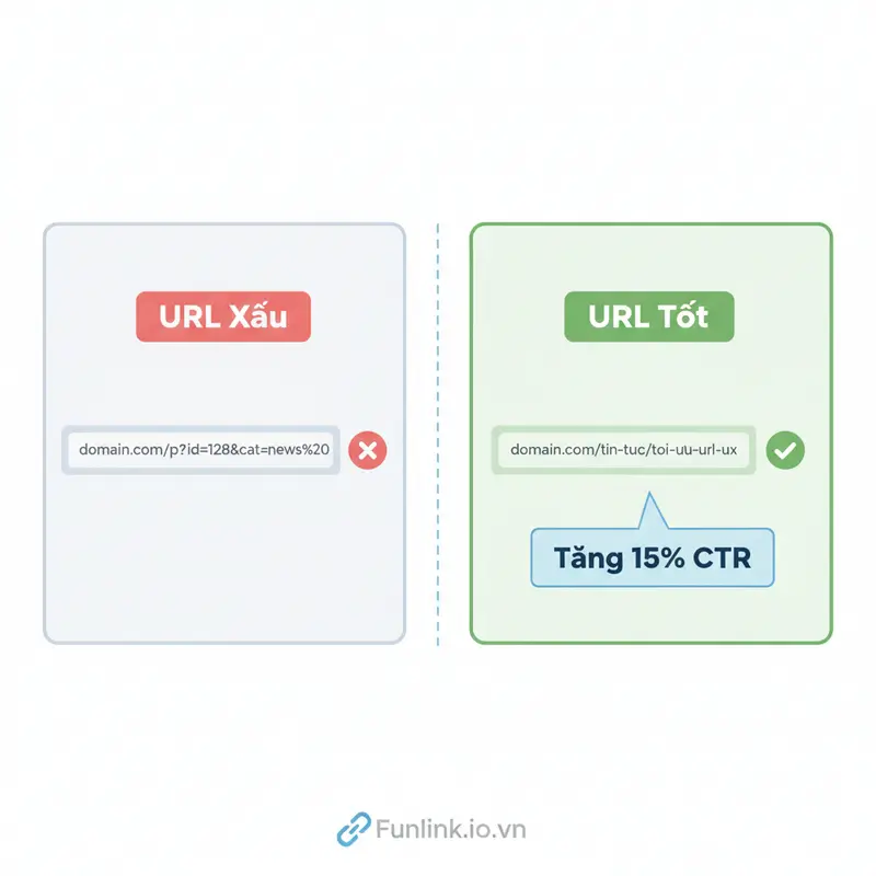 Ví dụ so sánh tối ưu URL cho trải nghiệm người dùng: một URL xấu và một URL tốt có dấu tích xanh.