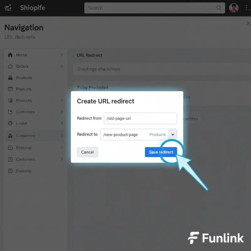 Giao diện tạo chuyển hướng 301 trong Shopify để tối ưu URL Shopify mà không bị lỗi 404.
