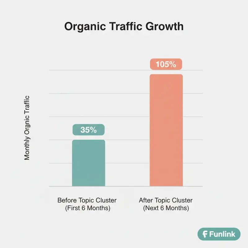 Biểu đồ tăng trưởng traffic sau khi áp dụng Topic Cluster và AI