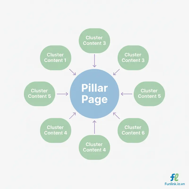Sơ đồ Topic Cluster và AI mô tả Pillar Page và các Cluster Content vệ tinh