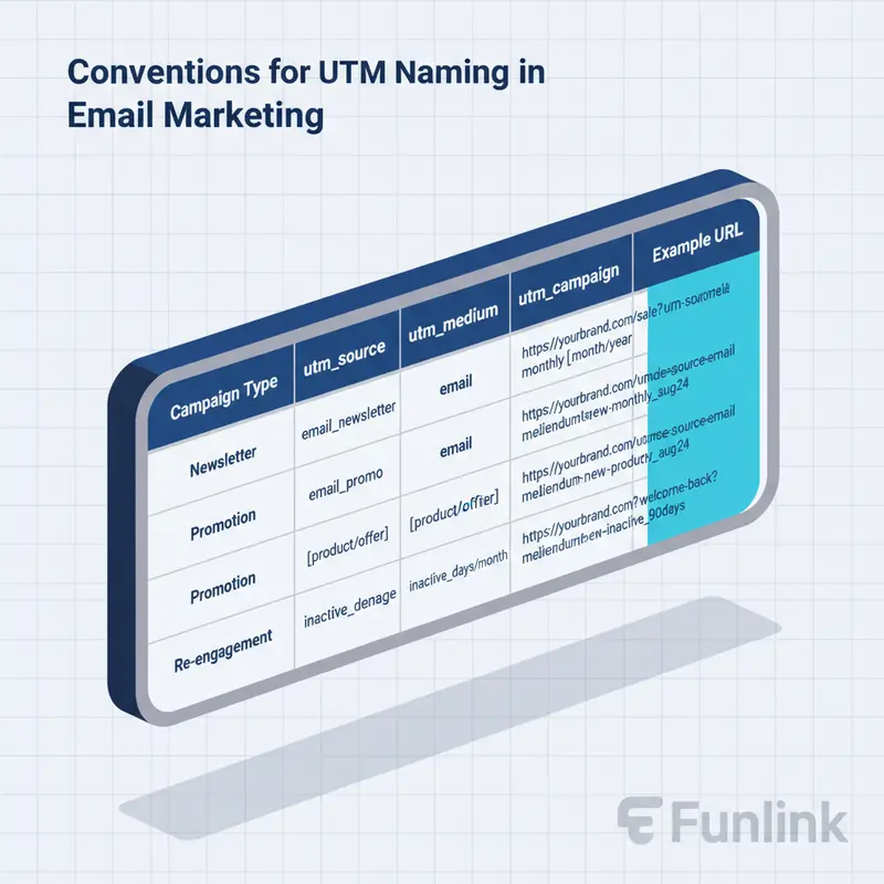 Bảng mẫu quy ước đặt tên cho việc tracking click trong email bằng UTM, gồm utm_source, utm_medium, utm_campaign.