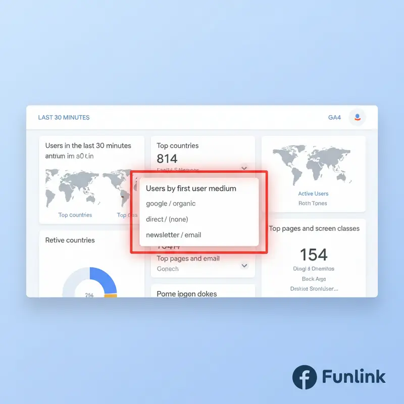 Báo cáo Realtime GA4 hiển thị dữ liệu tracking click trong email bằng UTM với nguồn và chiến dịch cụ thể.