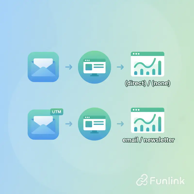 Sơ đồ so sánh hiệu quả tracking click trong email bằng UTM và không UTM.