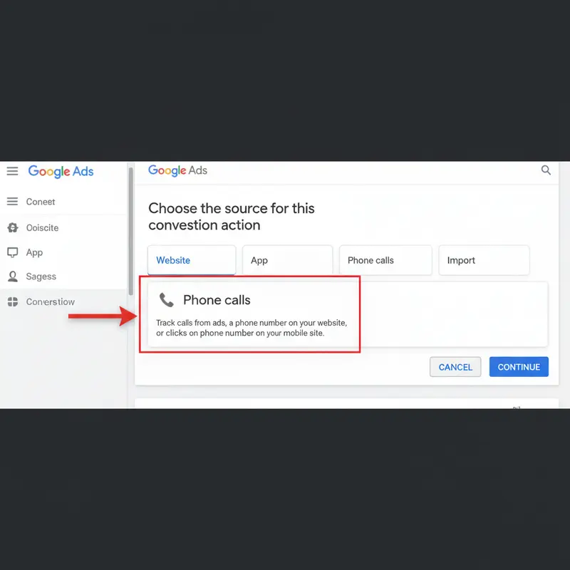 Chọn nguồn 'Cuộc gọi điện thoại' để bắt đầu tracking cuộc gọi trong Google Ads.