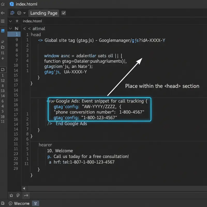 Ví dụ đoạn mã Event Snippet để tracking cuộc gọi trong Google Ads trên website.