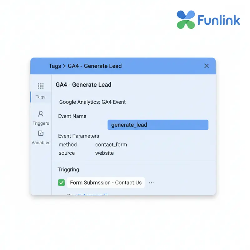 Tạo Tag GA4 Event cho tracking form submission bằng GTM với Event Name là generate_lead.